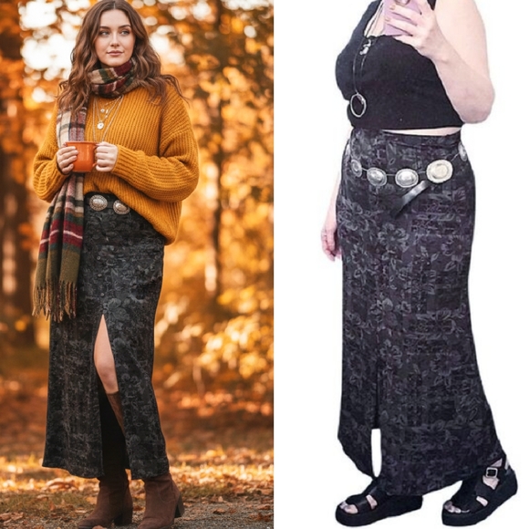 VTG 90s Black Fairy Grunge Button Slit Front Pull On Maxi Skirt Medium - Picture 3 of 15